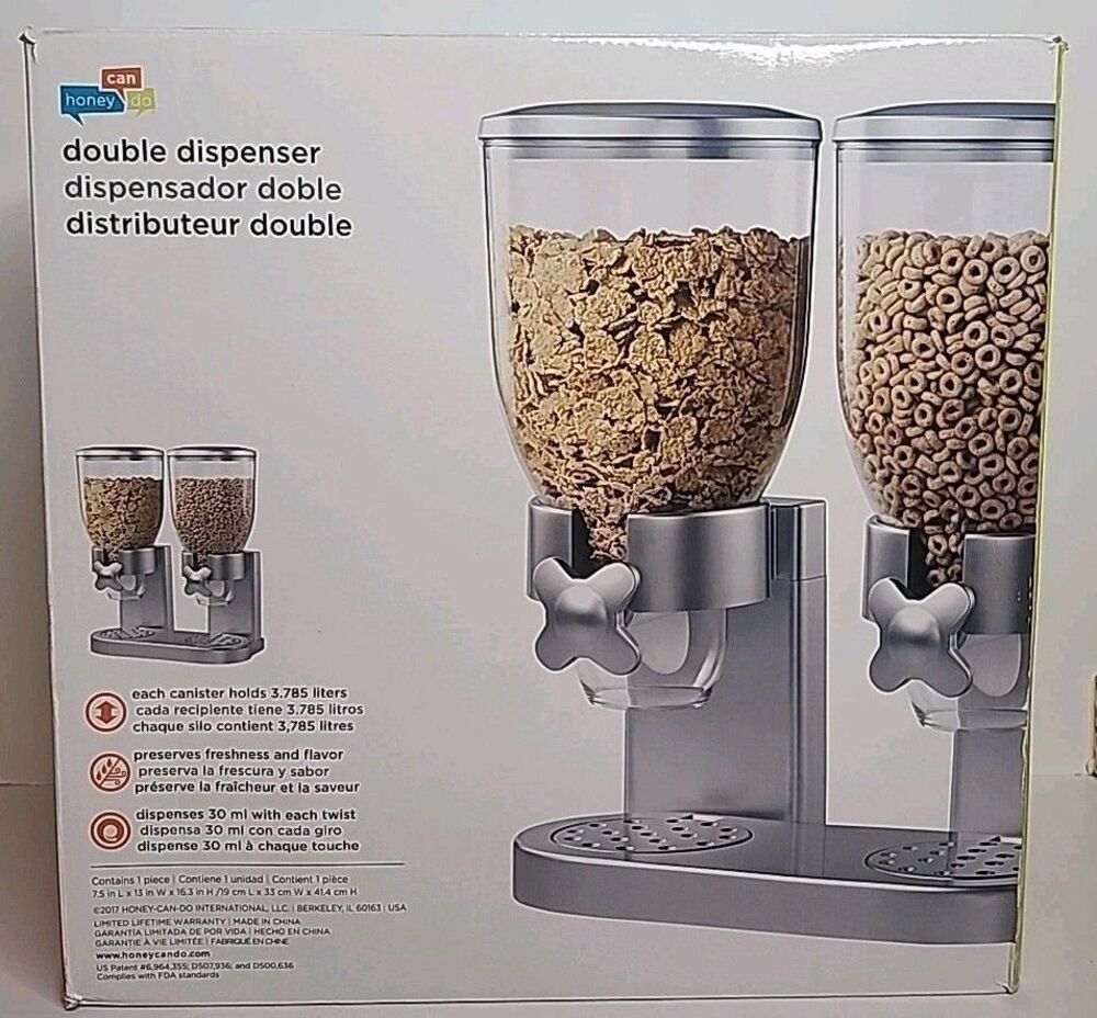Honey-Can-Do KCH-06124 Double Cereal Dispenser with Portion Control Silver NIB